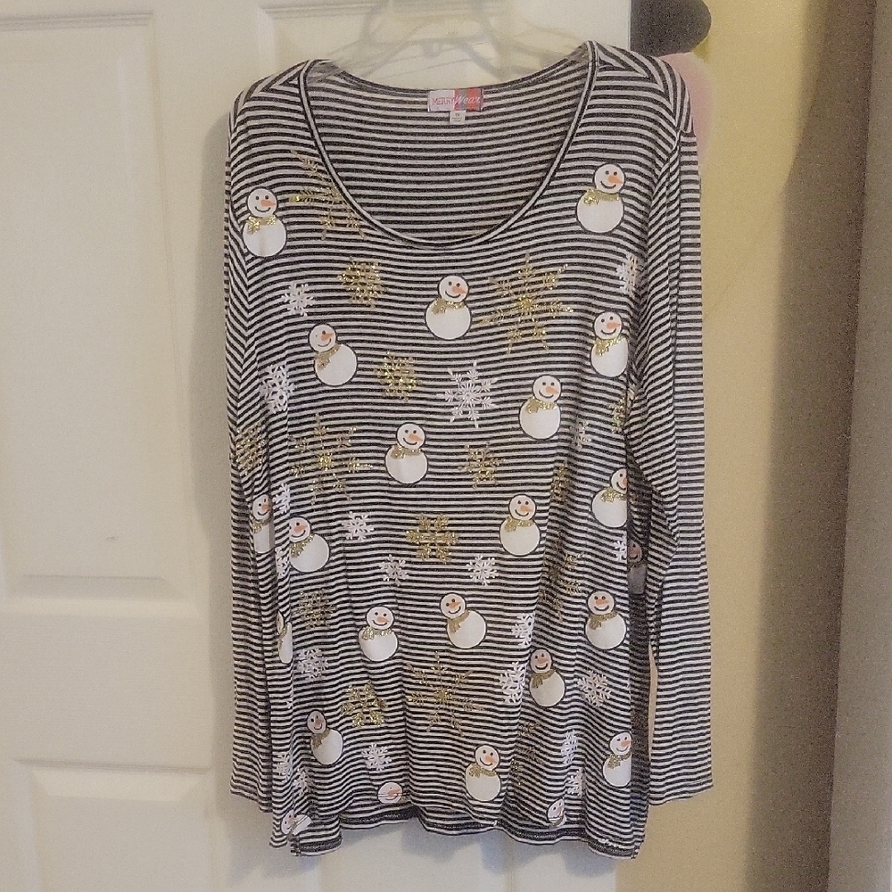 MerryWear Sz1X Snowman Striped Long Sleeve tunic scoop neck Shirt
